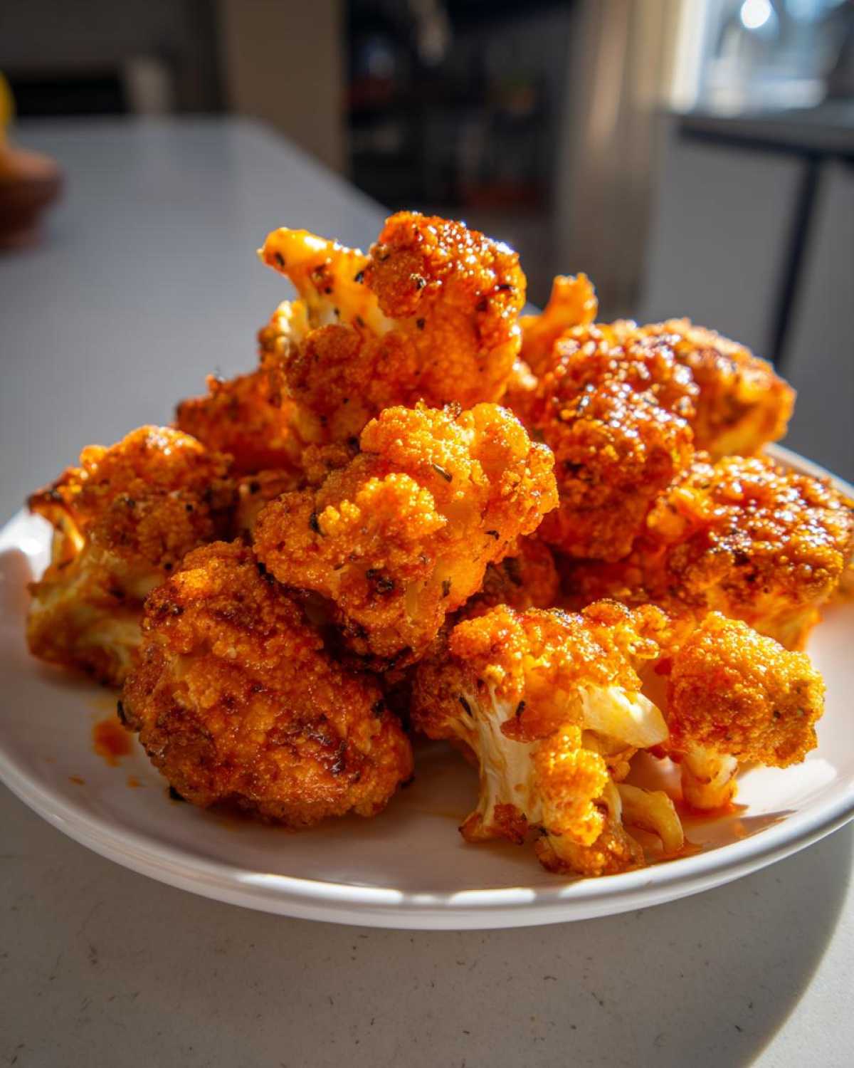 A mound of crispy, bright orange Air Fryer Buffalo Cauliflower Wings piled high on a white plate.