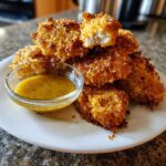 A pile of golden brown Air Fryer Chicken Strips served with a small bowl of yellow honey mustard dipping sauce.