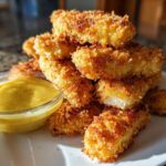 A pile of golden brown Air Fryer Chicken Strips next to a small bowl of bright yellow honey mustard sauce.