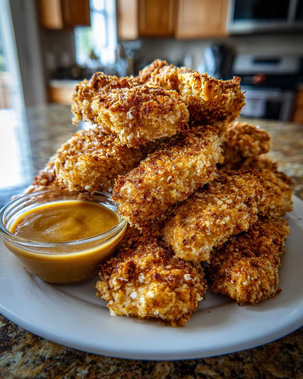 A pile of golden brown, crispy Air Fryer Chicken Strips served on a white plate next to a small bowl of honey mustard sauce.