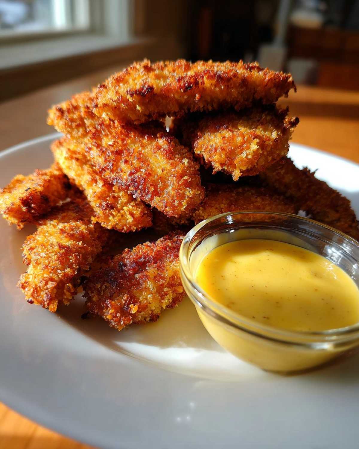 A stack of golden brown, crispy Air Fryer Chicken Strips served on a white plate next to a small bowl of yellow honey mustard sauce.