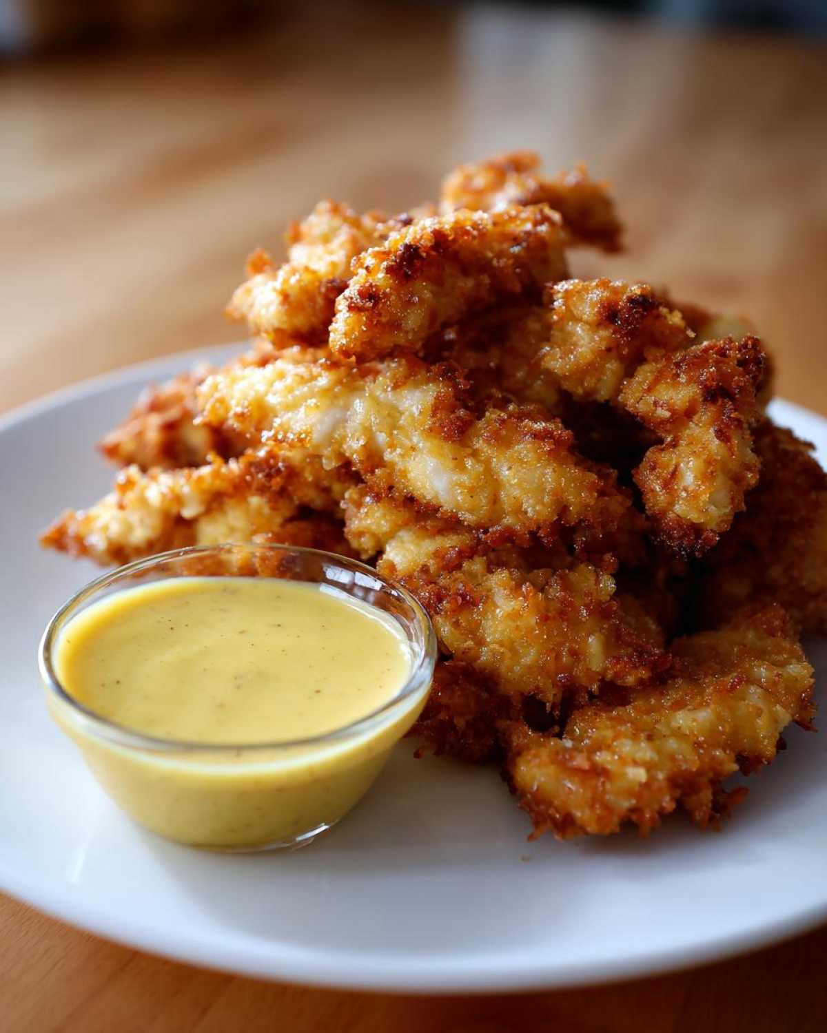 A pile of golden brown Air Fryer Chicken Strips served with a small glass bowl of creamy honey mustard dipping sauce.