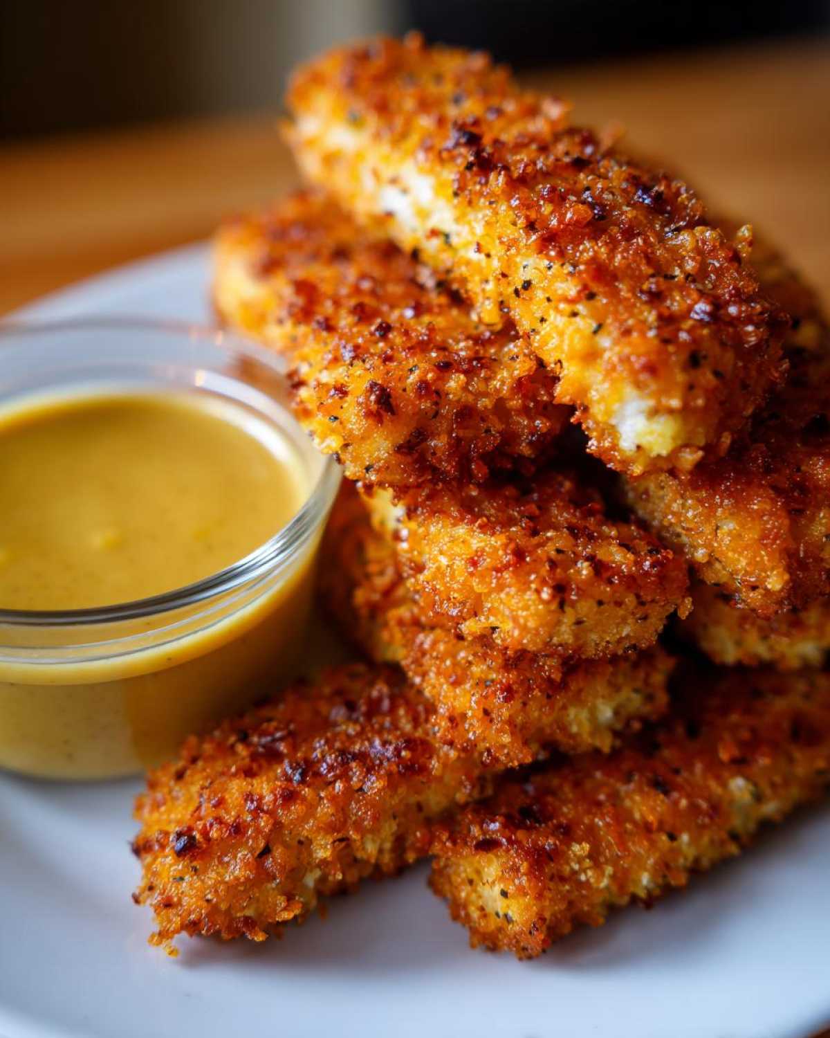 Close-up of golden brown, crispy Air Fryer Chicken Strips stacked next to a small bowl of honey mustard sauce.