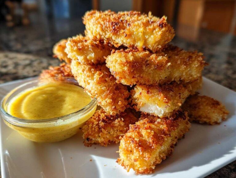 A pile of golden brown Air Fryer Chicken Strips next to a small bowl of bright yellow honey mustard sauce.