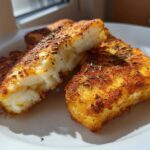 Two golden-brown pieces of Air Fryer Halloumi with Smoked Paprika, one cut open to show the soft interior.