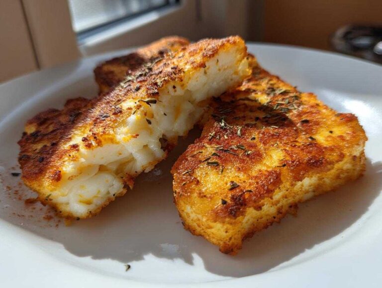 Two golden-brown pieces of Air Fryer Halloumi with Smoked Paprika, one cut open to show the soft interior.