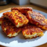 Close-up of golden-brown, seasoned Air Fryer Halloumi pieces piled on a white plate.