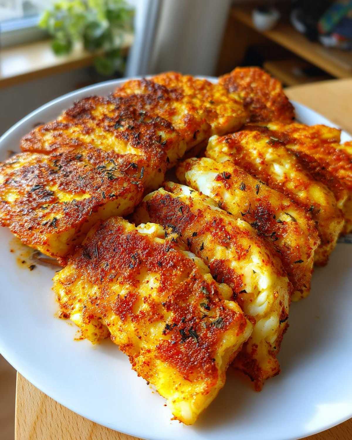 Close-up of golden-brown Air Fryer Halloumi with Smoked Paprika slices arranged on a white plate.