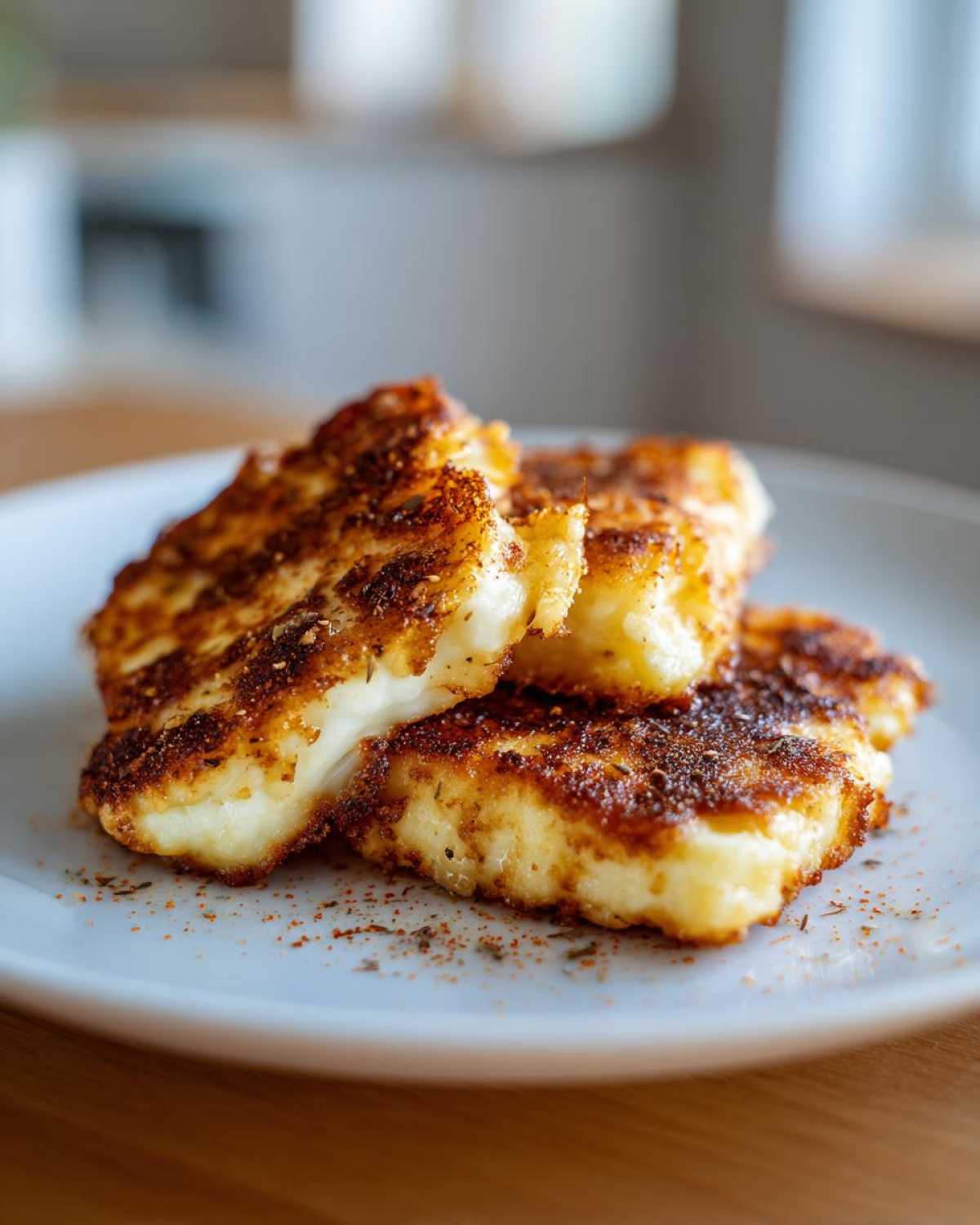 Close-up of three golden-brown slices of Air Fryer Halloumi with Smoked Paprika stacked on a white plate.