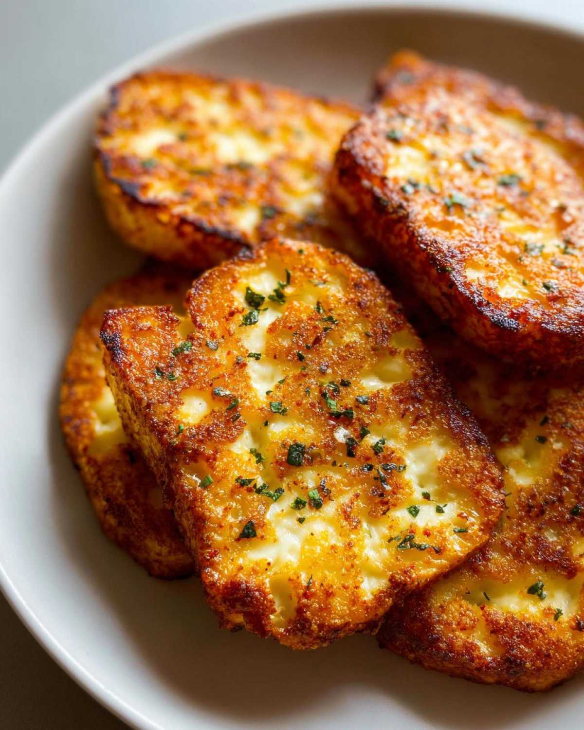 Close-up of golden brown, crispy Air Fryer Halloumi with Smoked Paprika slices garnished with herbs.
