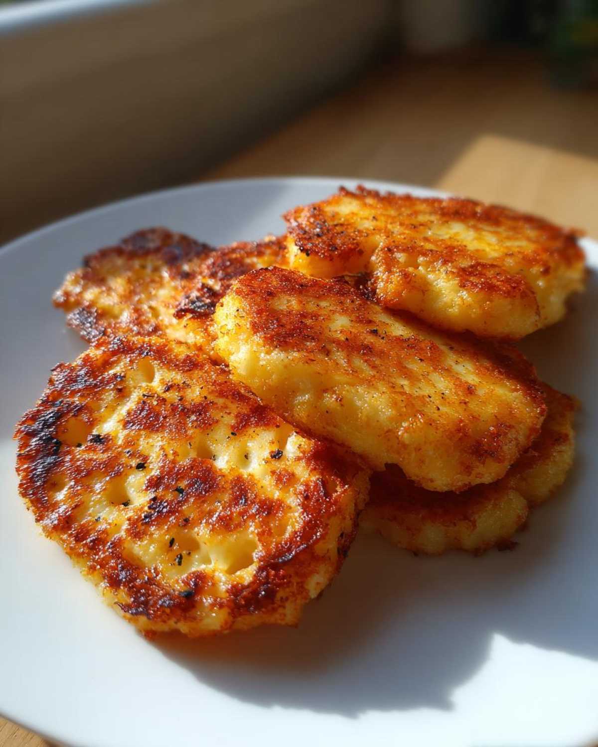 Close-up of golden brown, crispy Air Fryer Halloumi slices seasoned with smoked paprika on a white plate.