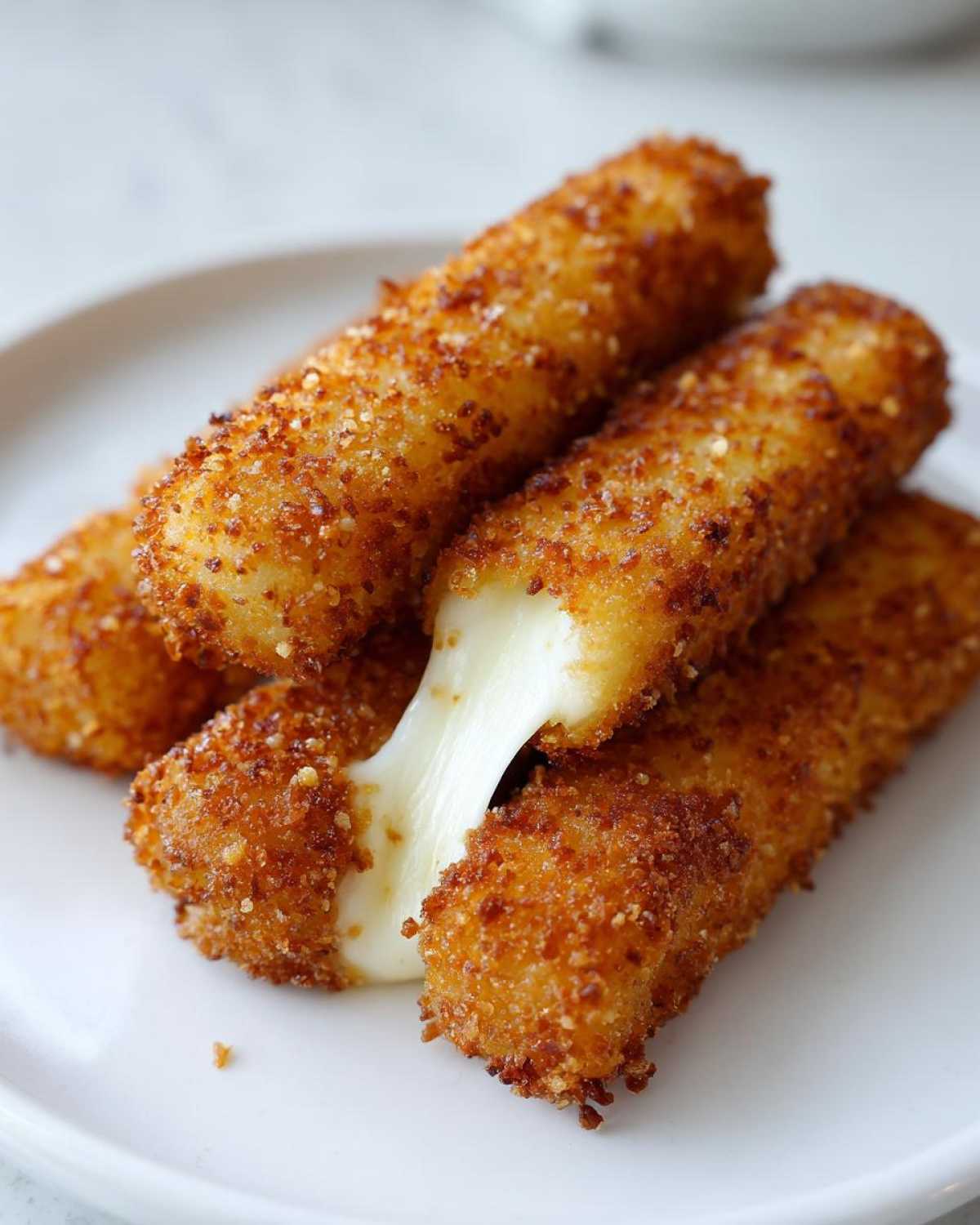 Close-up of crispy, golden Air Fryer Mozzarella Sticks stacked on a white plate, showing a dramatic cheese pull.