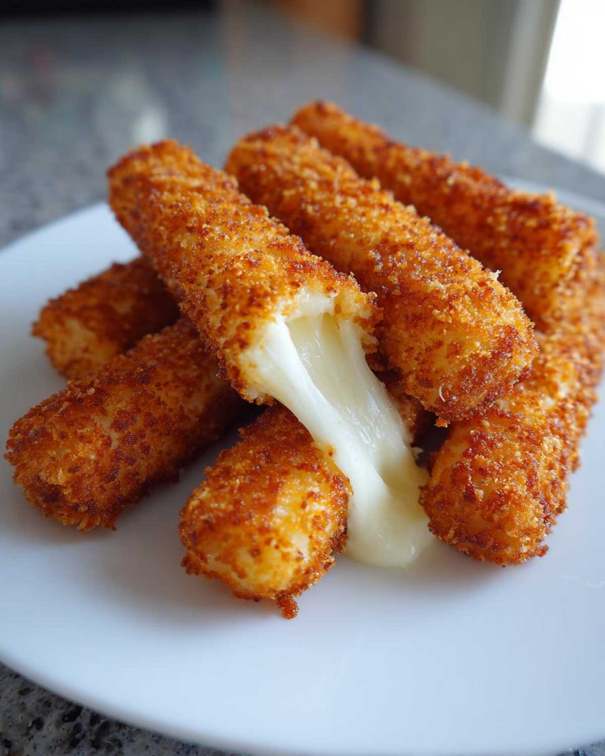 Close-up of crispy Air Fryer Mozzarella Sticks with one broken open showing a dramatic, gooey cheese pull.