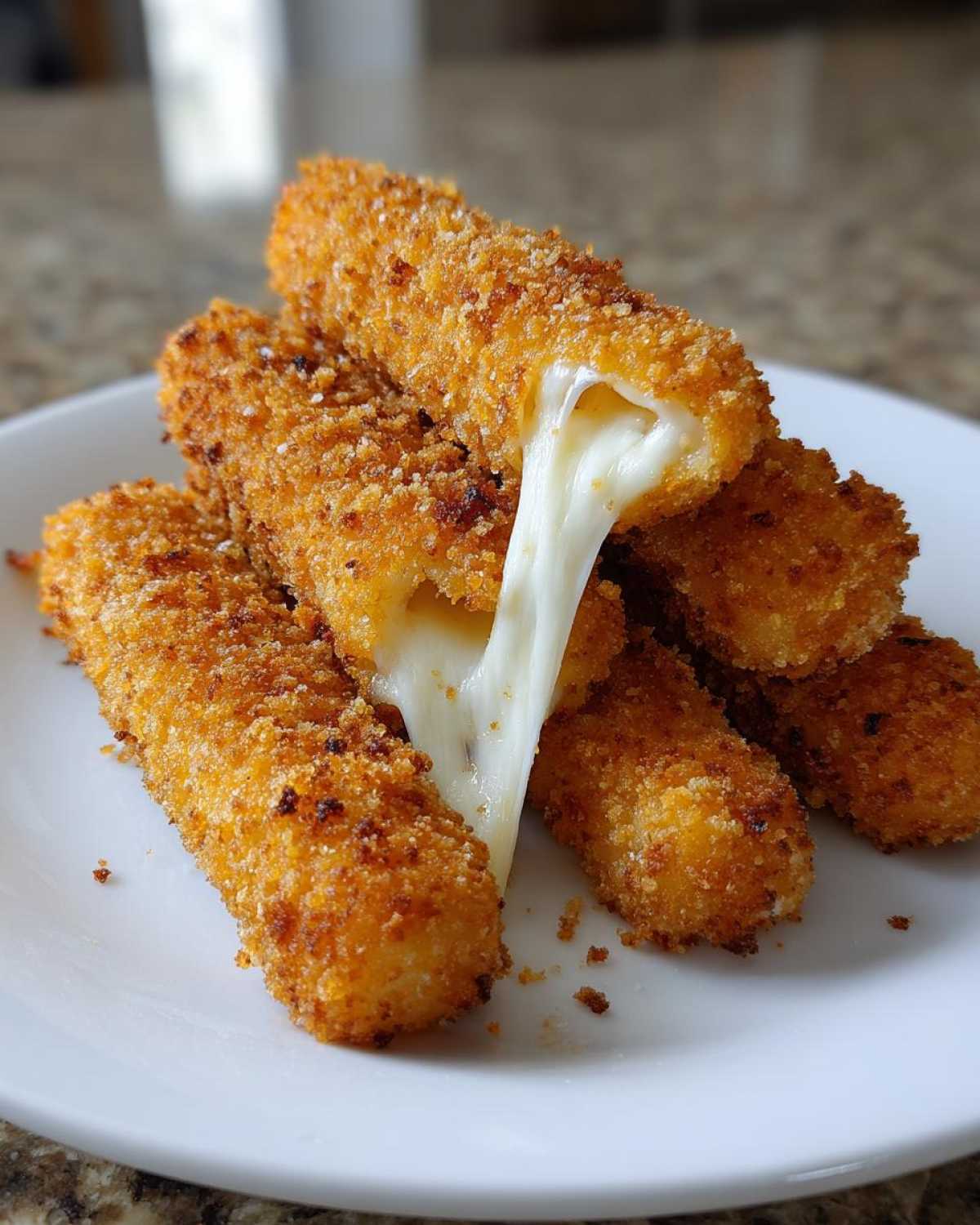 Close-up of golden brown Air Fryer Mozzarella Sticks stacked on a white plate with a dramatic cheese pull.