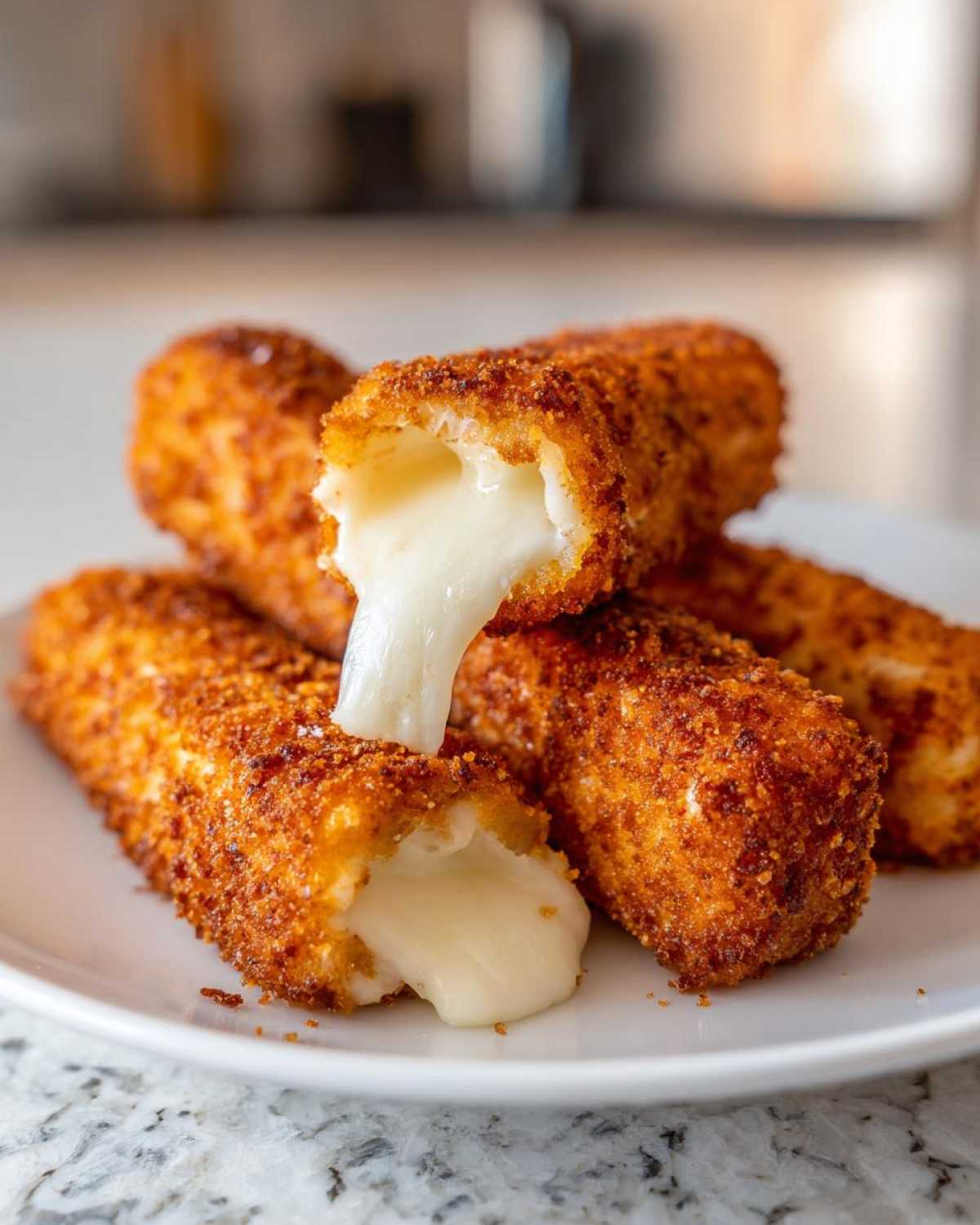Close-up of crispy, golden Air Fryer Mozzarella Sticks with one stick broken open showing melted, stretching cheese.