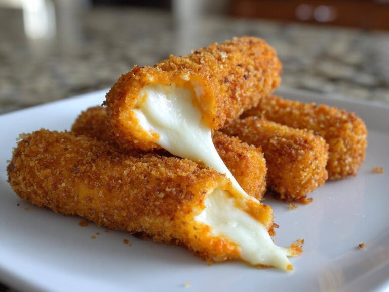 Close-up of golden brown Air Fryer Mozzarella Sticks with melted cheese stretching out from a broken stick.