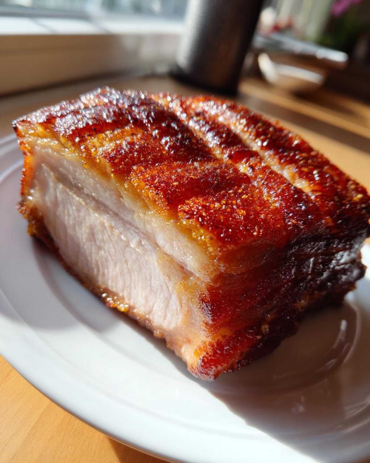 Close-up of a perfectly cooked Air Fryer Pork Joint showing juicy meat and intensely crispy, golden-brown crackling.