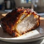 Cross-section of a perfectly cooked Air Fryer Pork Joint showing juicy meat and dark, crispy crackling.