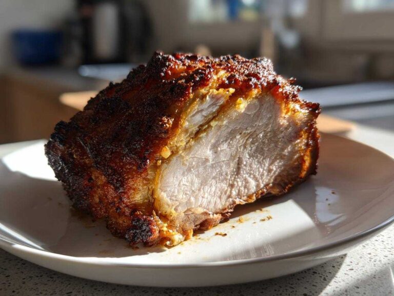 Cross-section of a perfectly cooked Air Fryer Pork Joint showing juicy meat and dark, crispy crackling.