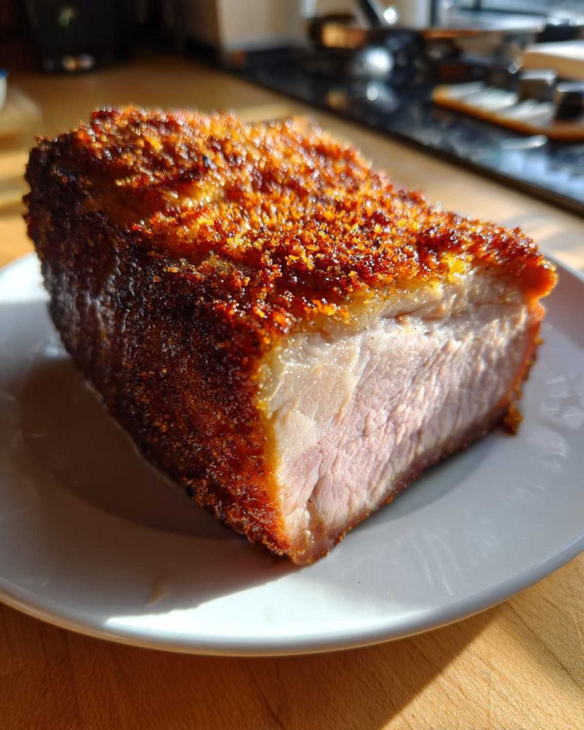 Close-up of a perfectly cooked Air Fryer Pork Joint with a thick, golden, crispy crackling layer.