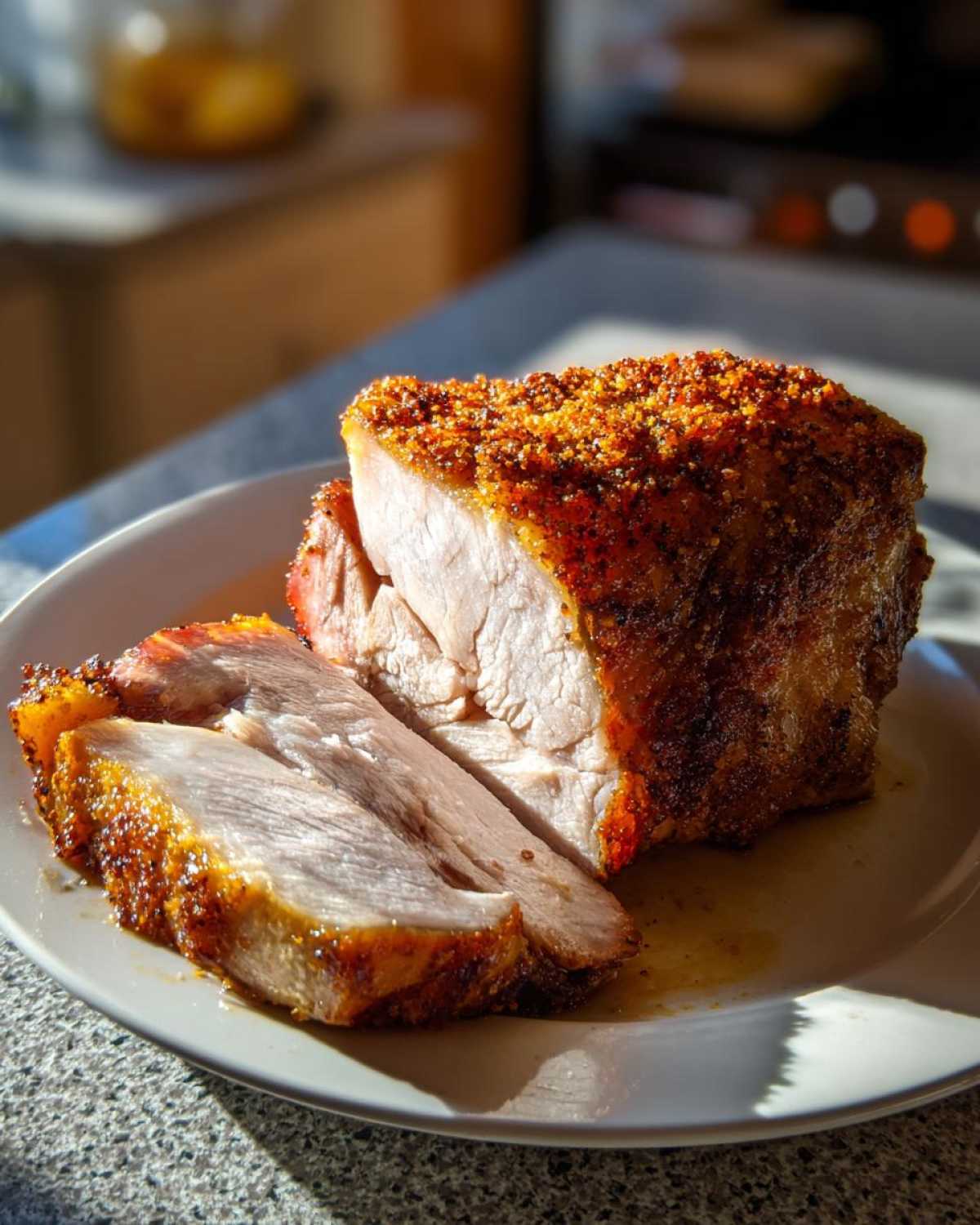 Close-up of a sliced Air Fryer Pork Joint with crackling resting on a white plate, showing juicy meat.