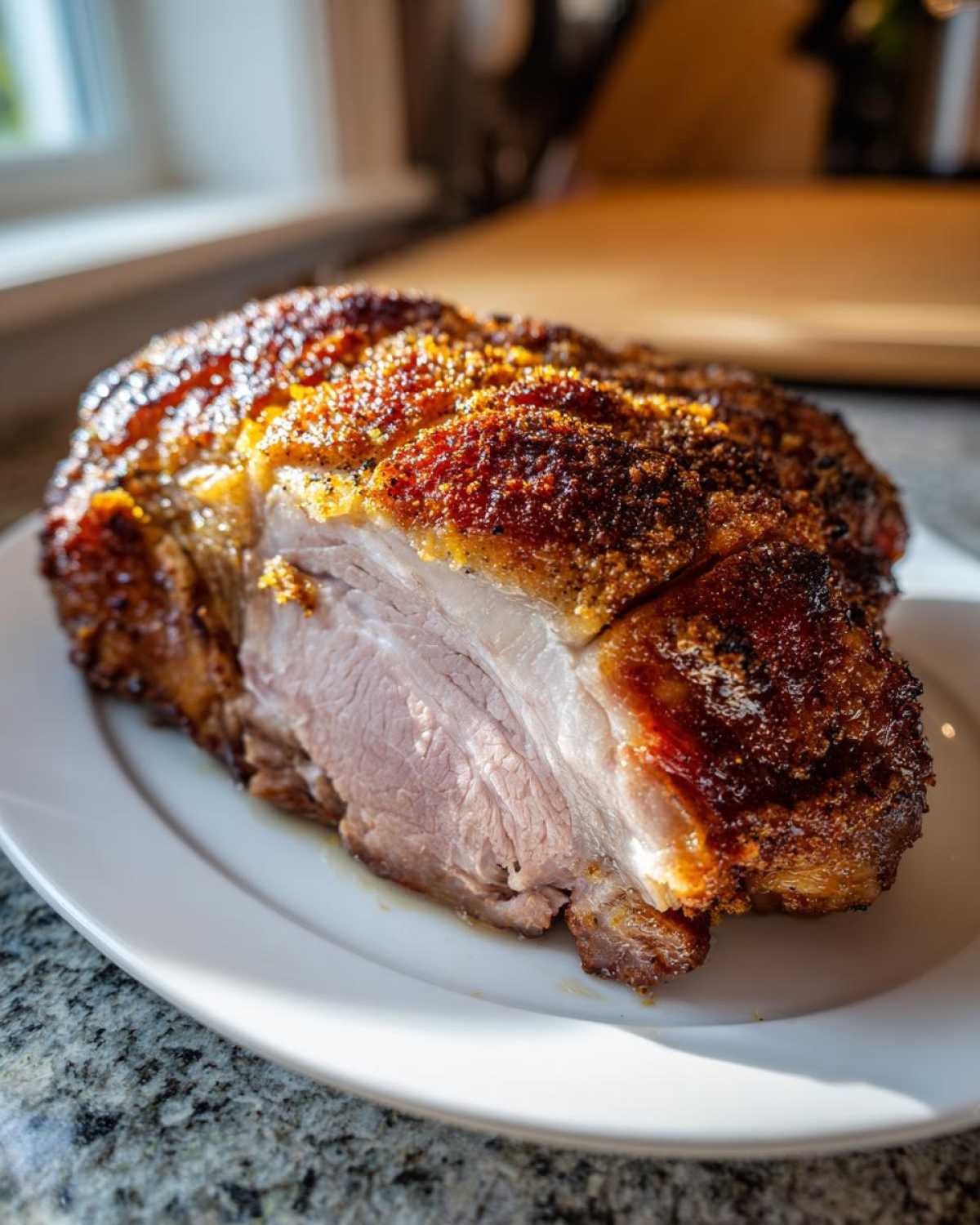 A juicy Air Fryer Pork Joint with crackling, sliced open to show the perfectly cooked meat inside, resting on a white plate.