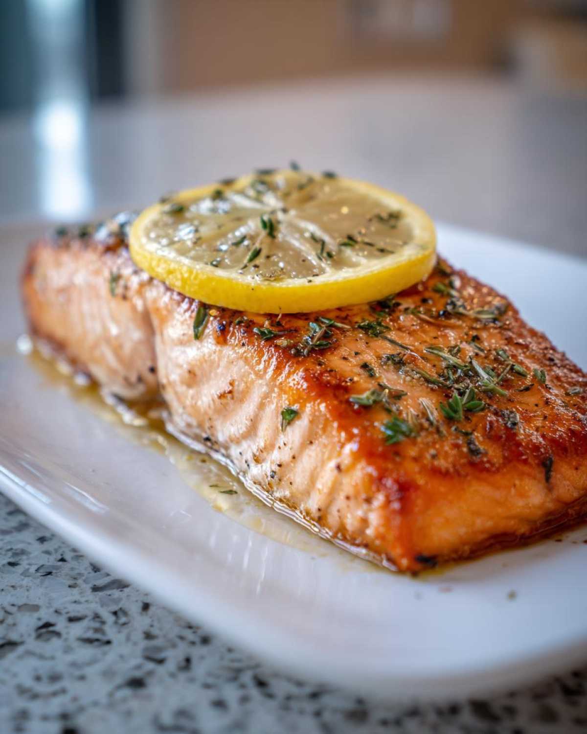 Close-up of a perfectly cooked Air Fryer Salmon Fillets with Lemon slice and herbs on a white plate.