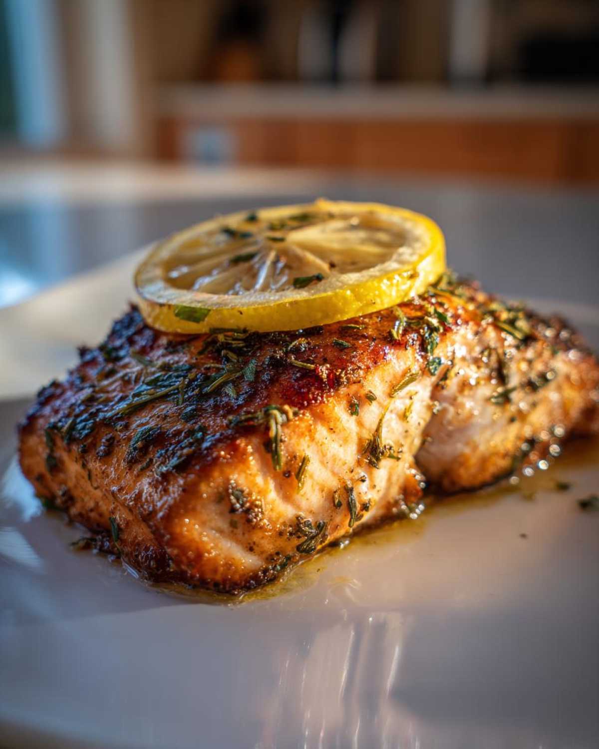 Close-up of a perfectly cooked Air Fryer Salmon Fillets with Lemon, seasoned with herbs and topped with a lemon slice.