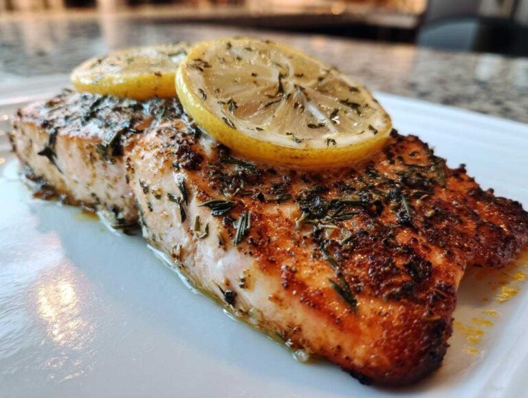 Close-up of a perfectly cooked Air Fryer Salmon Fillets with Lemon, seasoned with herbs and topped with lemon slices.