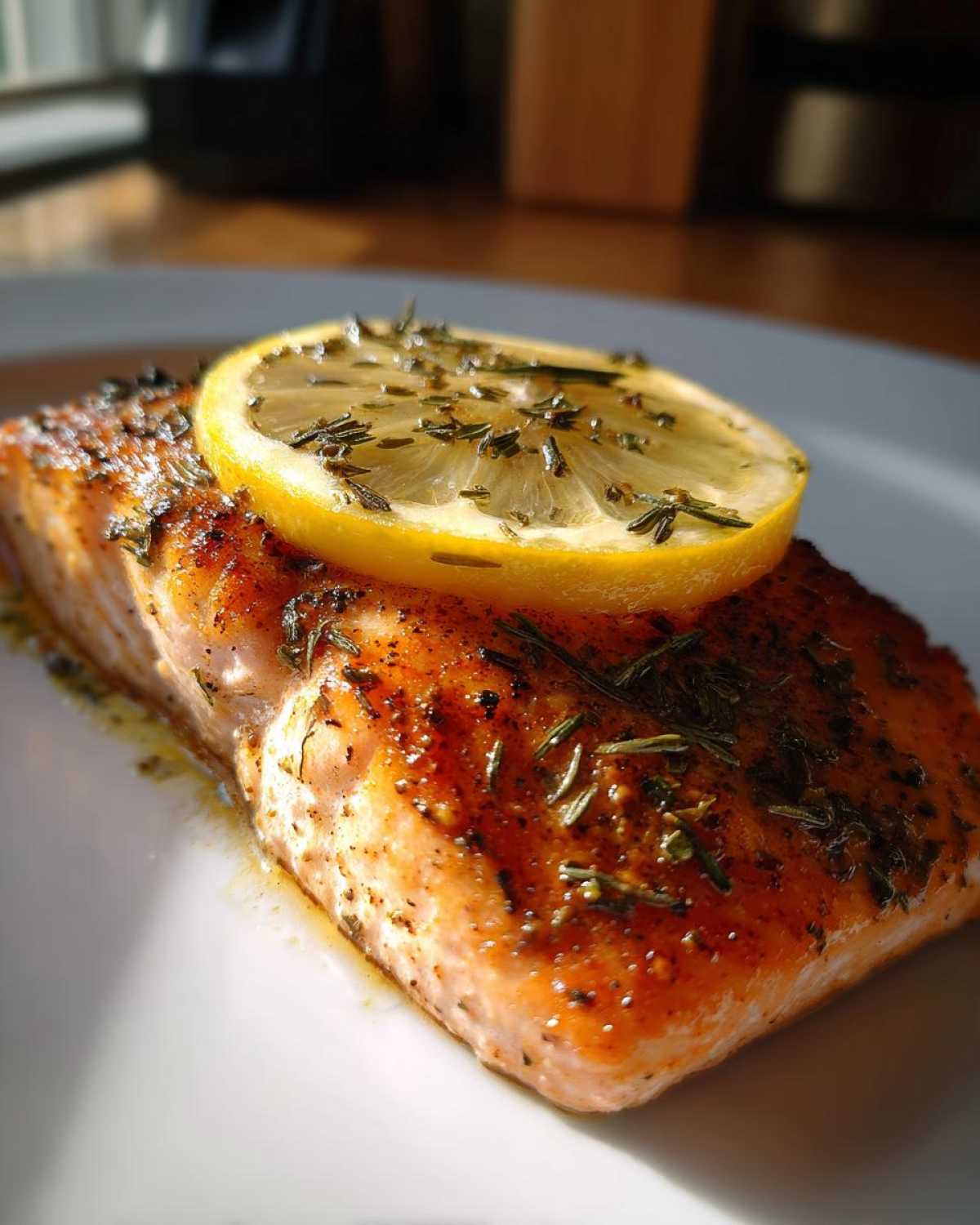 Close-up of a perfectly cooked Air Fryer Salmon Fillets with Lemon slice and herbs on top.