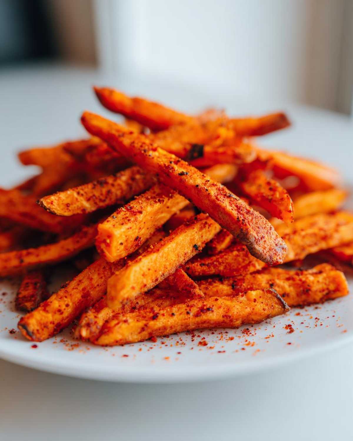 A close-up, vibrant pile of Air Fryer Sweet Potato Fries with Cajun Spice seasoning dusted over them on a white plate.