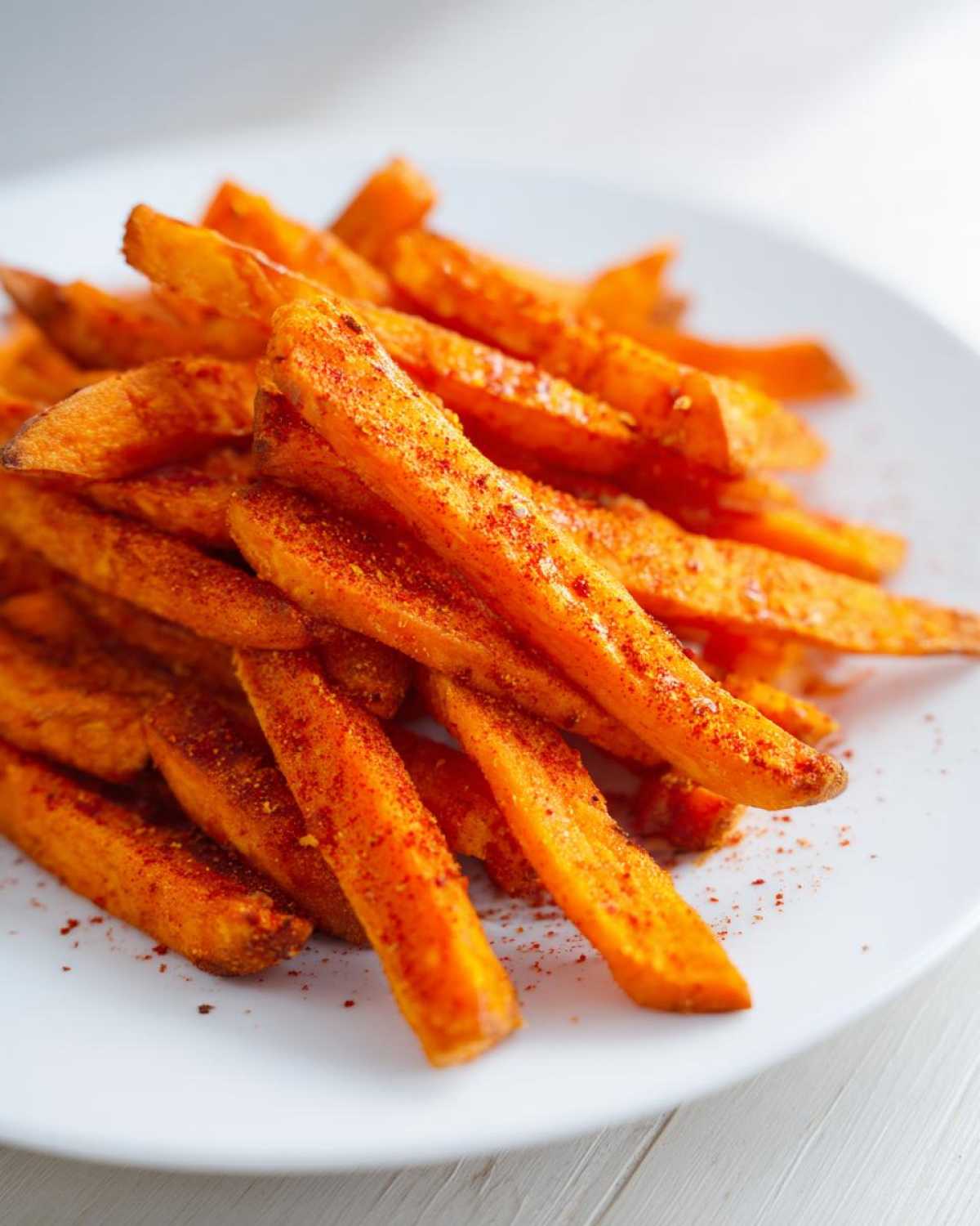 A close-up shot of bright orange Air Fryer Sweet Potato Fries generously coated with red Cajun Spice seasoning on a white plate.