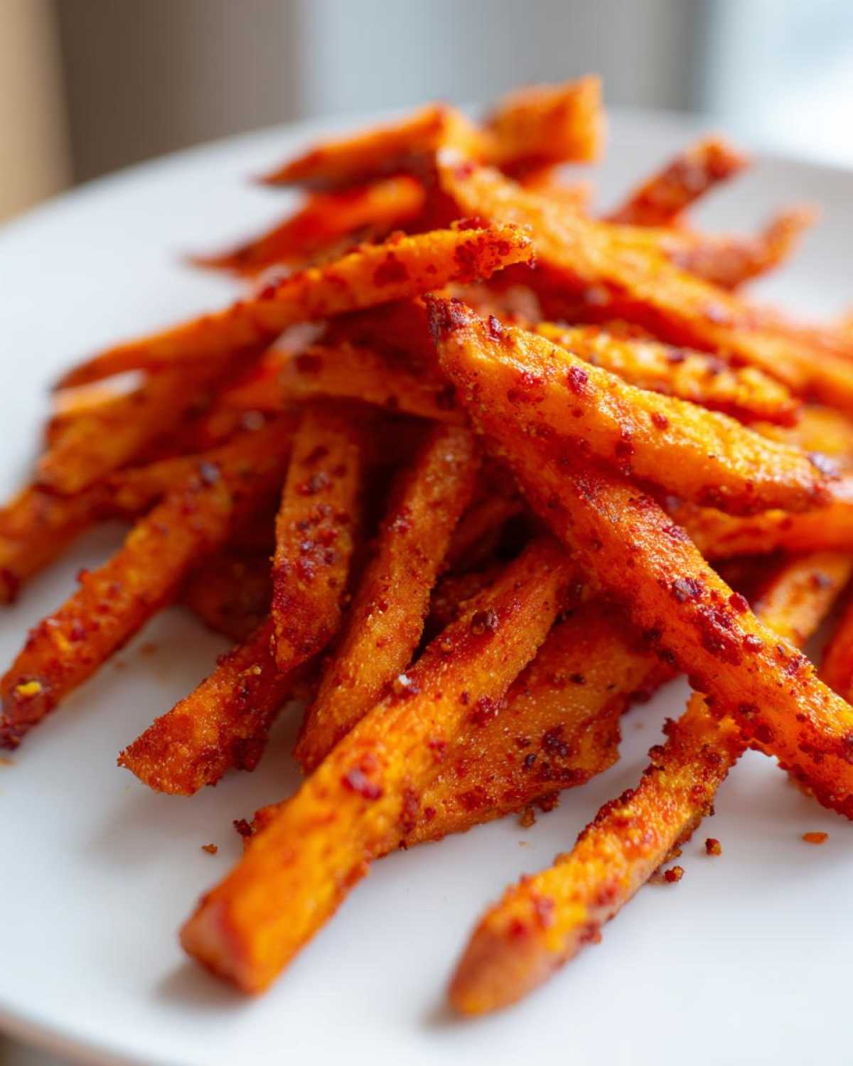 Close-up of bright orange Air Fryer Sweet Potato Fries with Cajun Spice seasoning piled on a white plate.