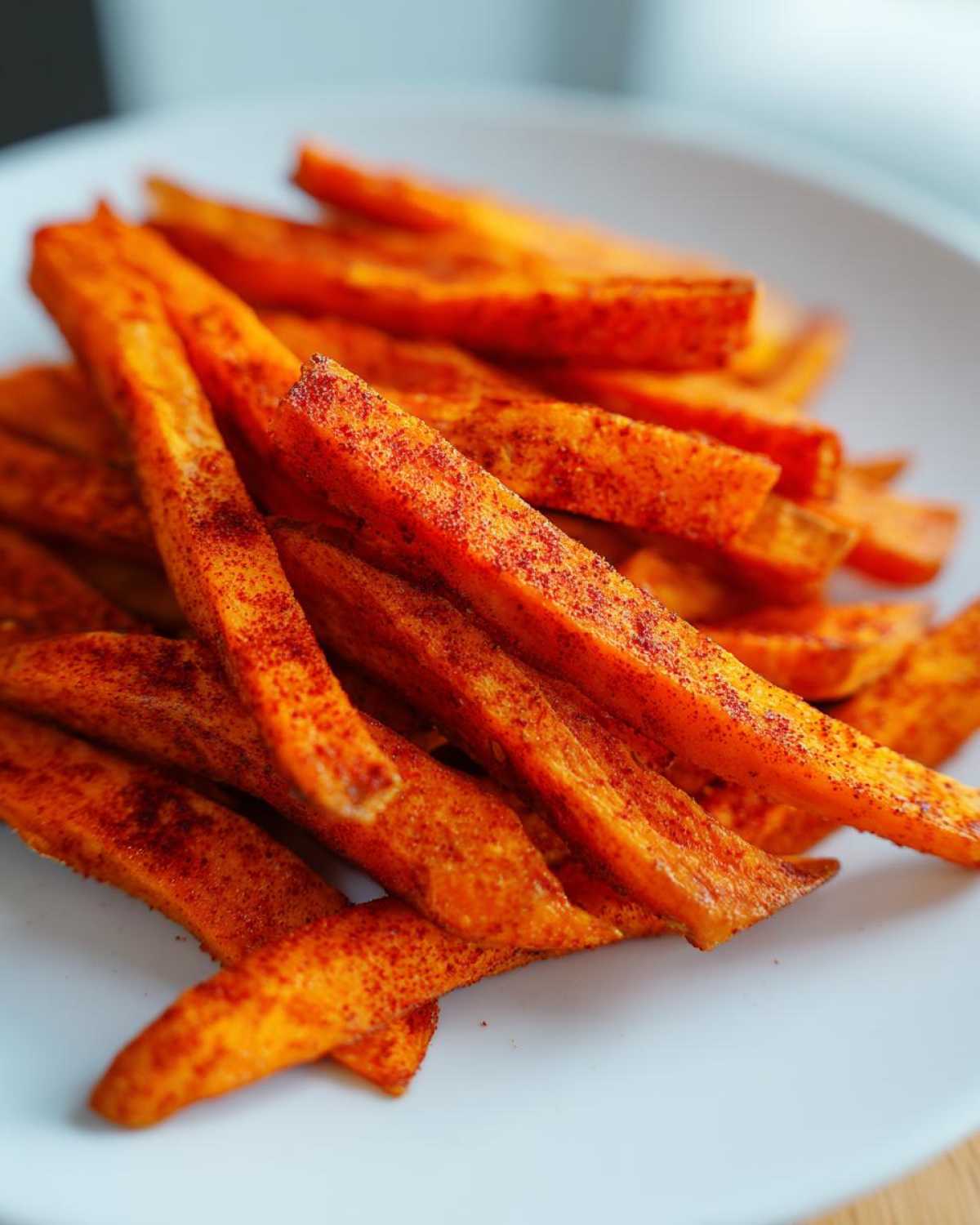 Close-up of bright orange Air Fryer Sweet Potato Fries with Cajun Spice seasoning dusted heavily on top, served on a white plate.