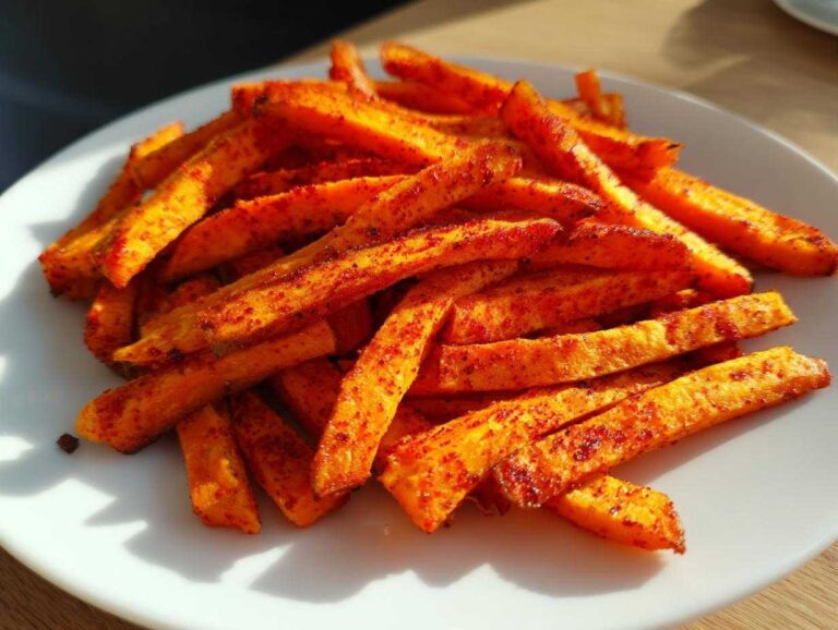 A close-up of bright orange Air Fryer Sweet Potato Fries coated heavily in red Cajun spice mix on a white plate.