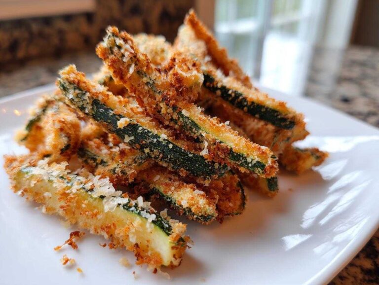 A close-up of golden brown Air Fryer Zucchini Fries with Panko stacked on a white plate.