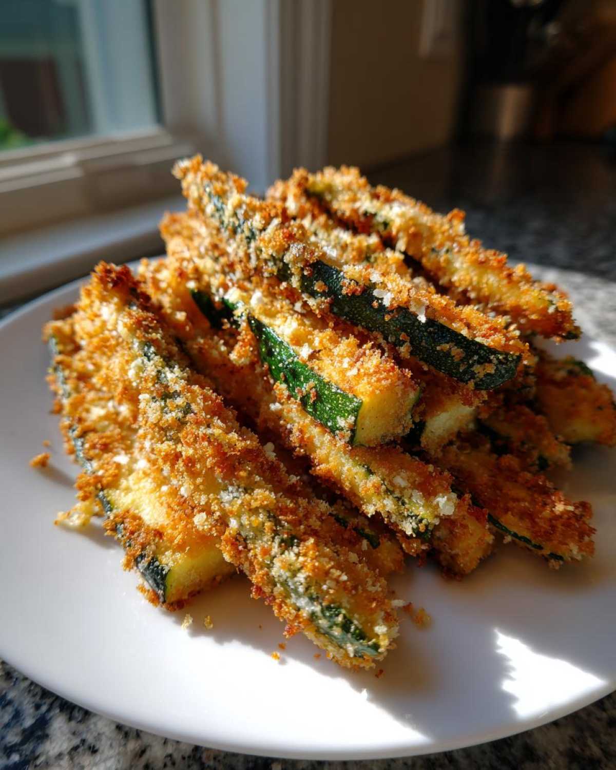 A pile of golden brown Air Fryer Zucchini Fries with Panko on a white plate, catching bright sunlight.