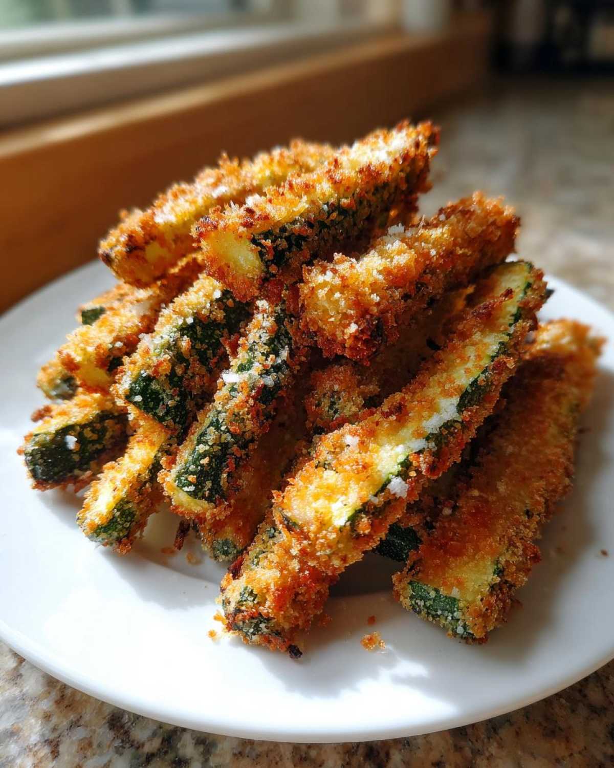 A pile of golden brown, crispy Air Fryer Zucchini Fries with Panko stacked on a white plate.
