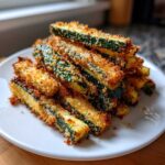 A stack of crispy Air Fryer Zucchini Fries with Panko coating piled high on a white plate.