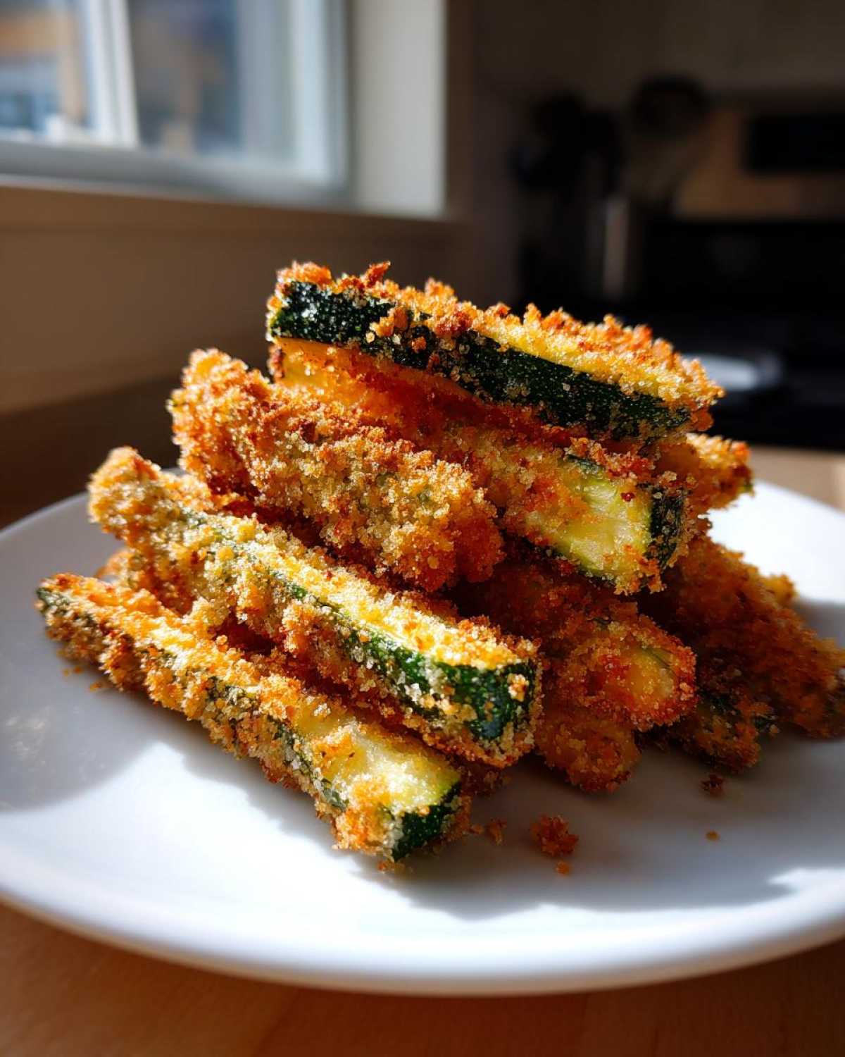 A stack of golden brown, crispy Air Fryer Zucchini Fries with Panko served on a white plate.