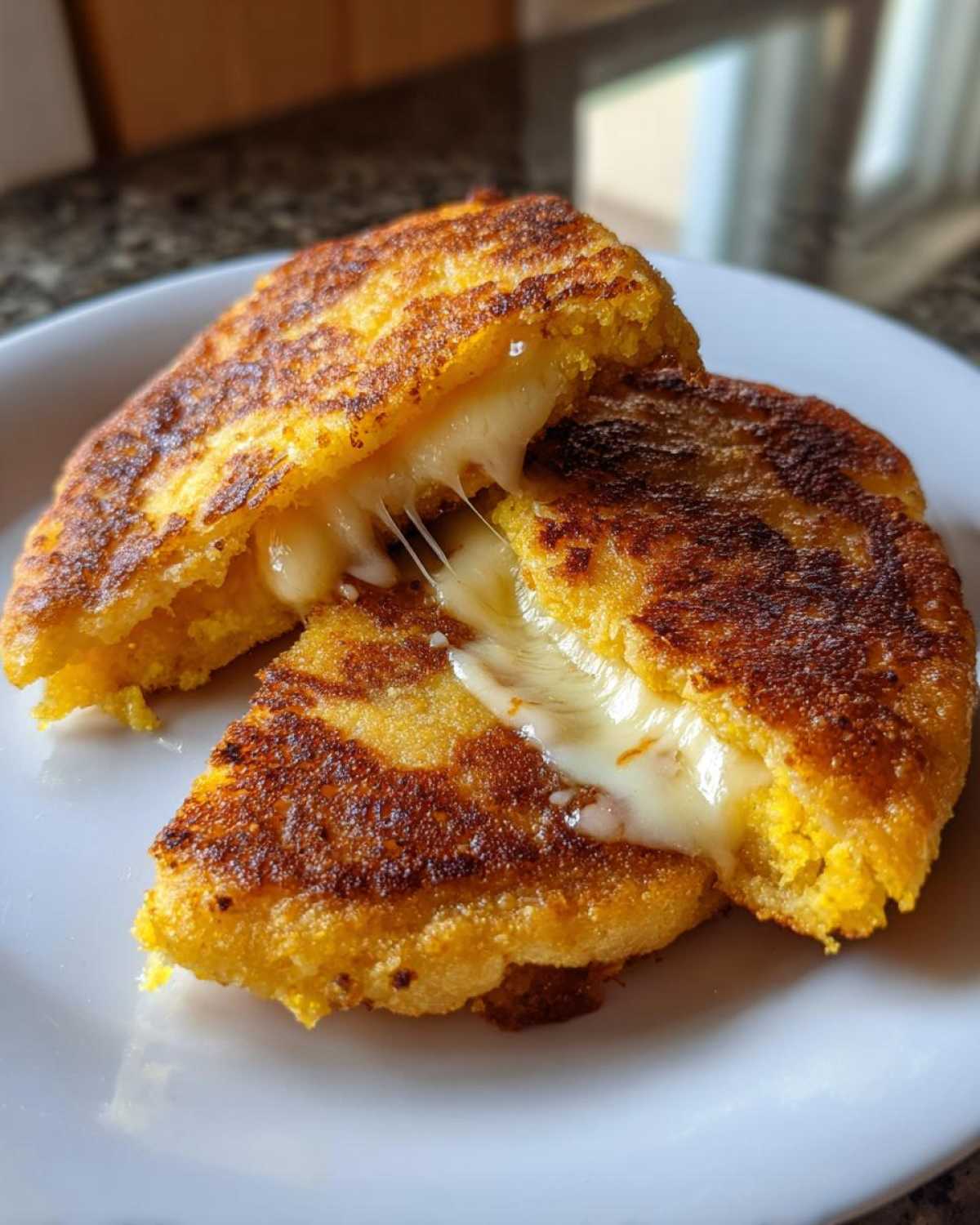 Close-up of Arepas Con Queso cut in half, showing melted, stringy cheese oozing out of the golden cornmeal pockets.