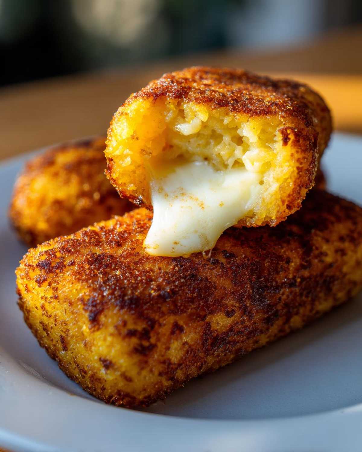 Close-up of Arepas Con Queso split open, showing melted white cheese oozing out of the golden fried cornmeal pocket.