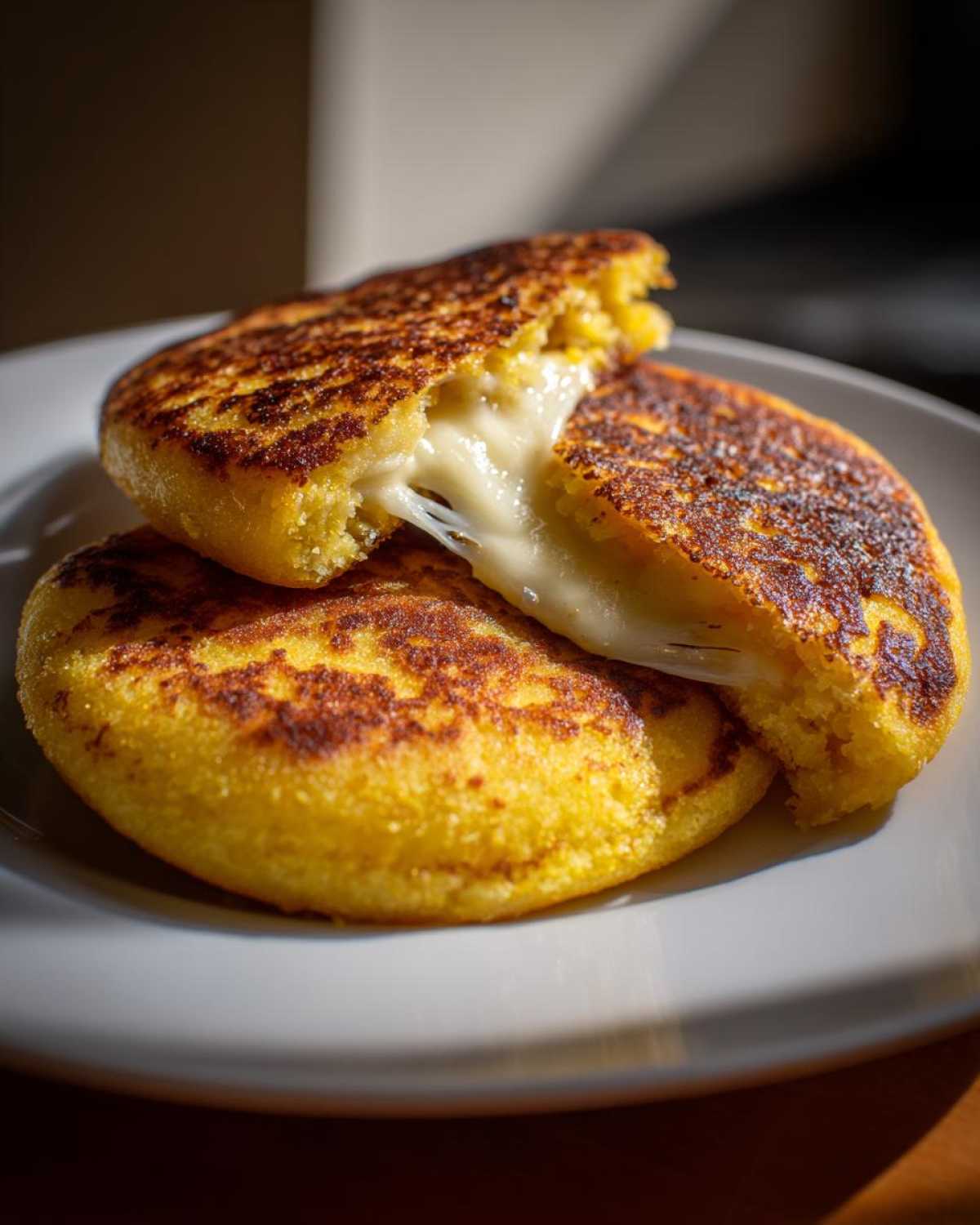 Two golden Arepas Con Queso split open revealing a dramatic, stretchy pull of melted white cheese.
