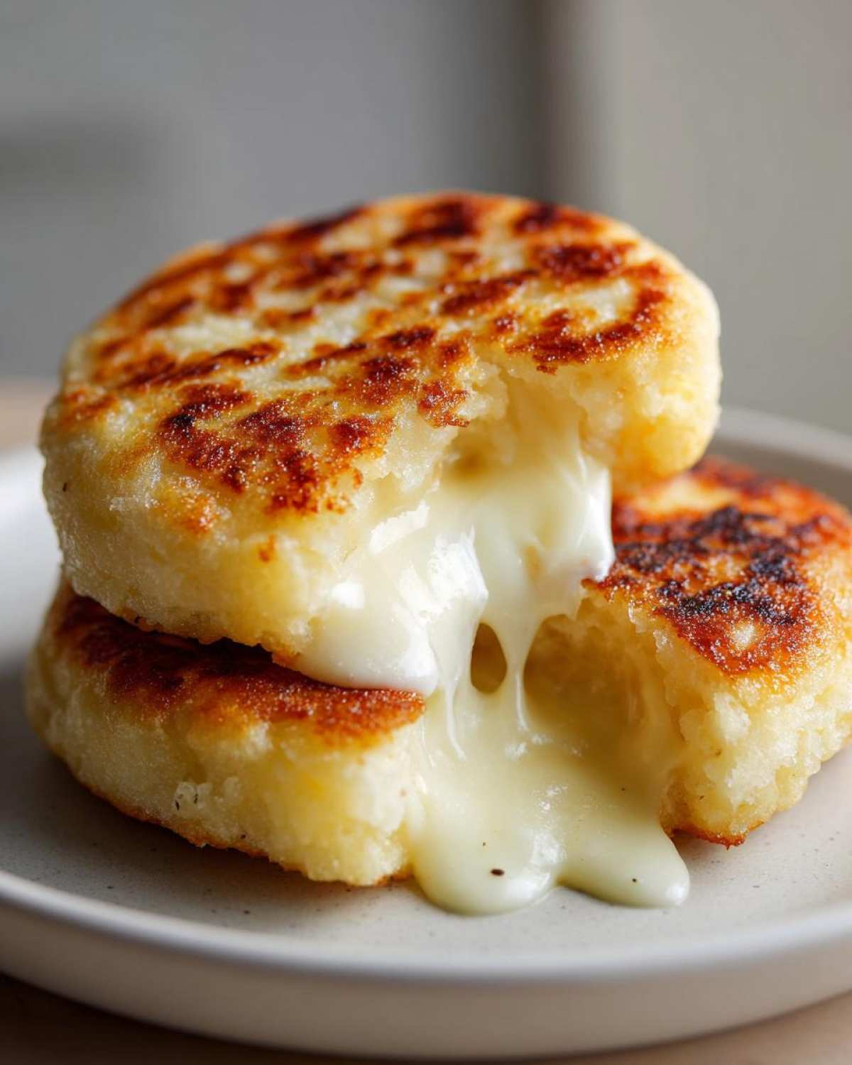 Close-up of two stacked, golden-brown Arepas Con Queso with melted white cheese oozing out.