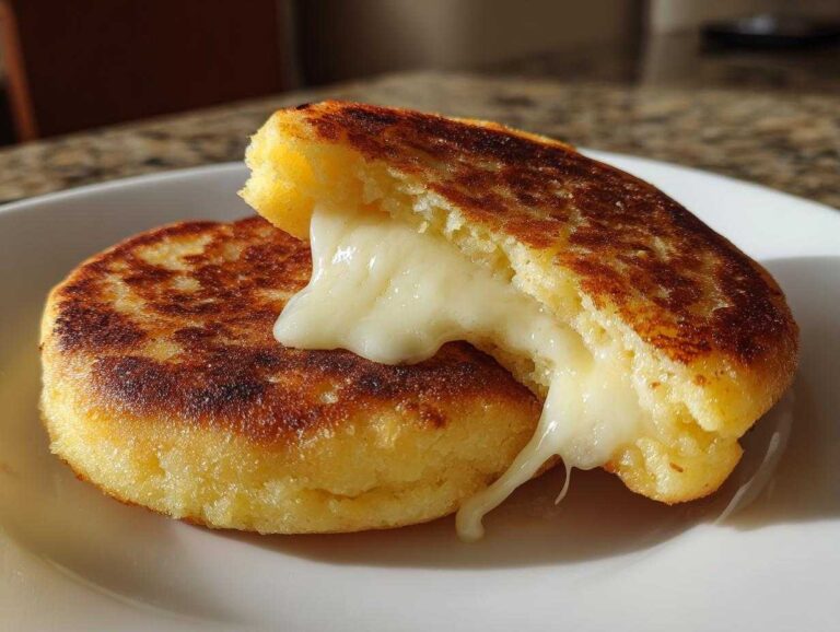 Two golden-brown Arepas Con Queso (Cornmeal Pockets) on a white plate, one split open revealing melted white cheese stretching out.