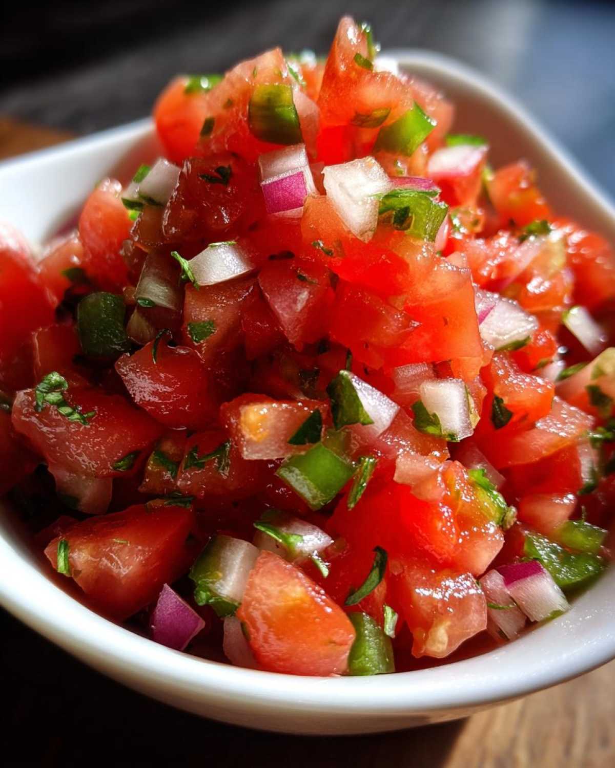 Close-up of freshly diced tomatoes, red onion, and jalapeño in a white bowl, showcasing Authentic Pico de Gallo.