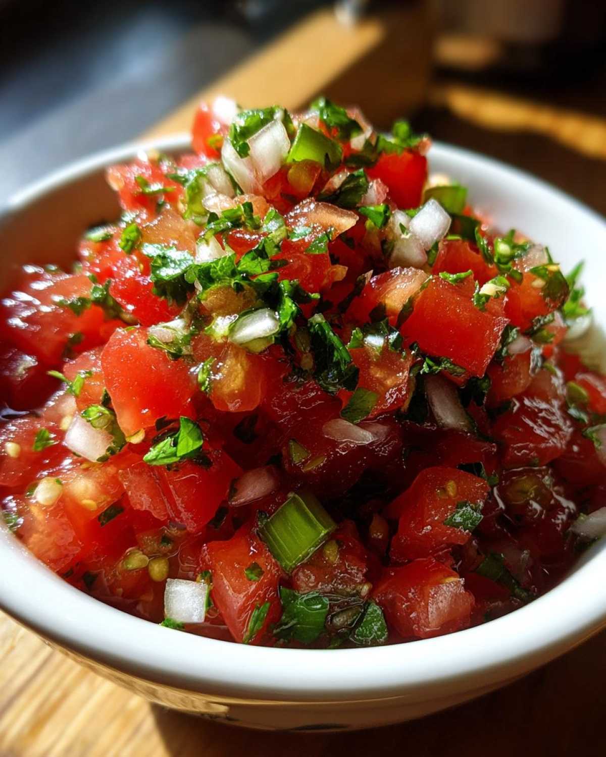 Close-up of vibrant, chunky Authentic Pico de Gallo with diced tomatoes, white onion, and cilantro.