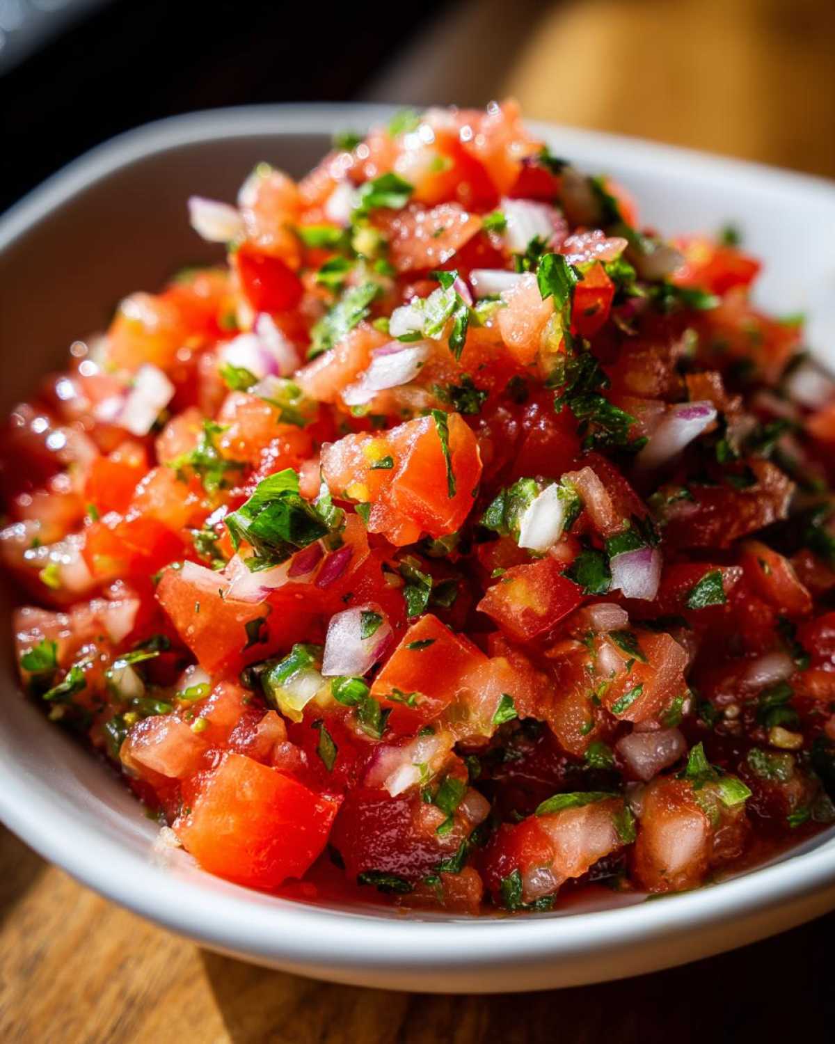 Close-up of chunky, fresh Authentic Pico de Gallo with diced tomatoes, red onion, and cilantro.