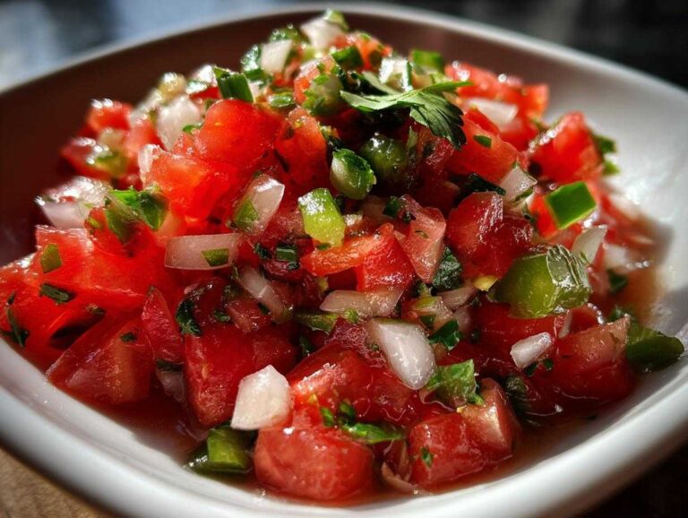 Close-up of vibrant, freshly chopped Authentic Pico de Gallo with fresh jalapeño, tomatoes, and onion in a white bowl.