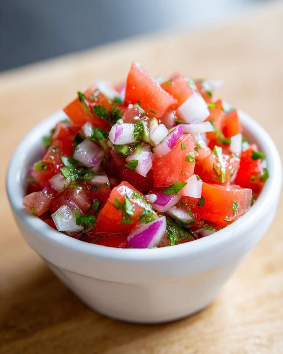 Close-up of diced tomatoes, red onion, and cilantro in a white bowl, showcasing Authentic Pico de Gallo with Lime.